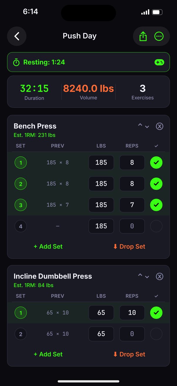 Active workout screen logging bench press sets